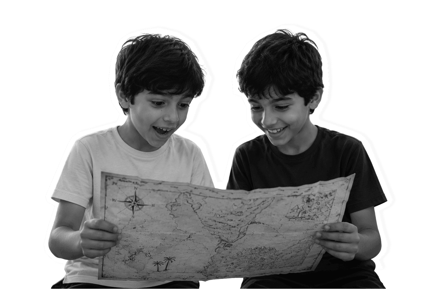 Two children reading a map