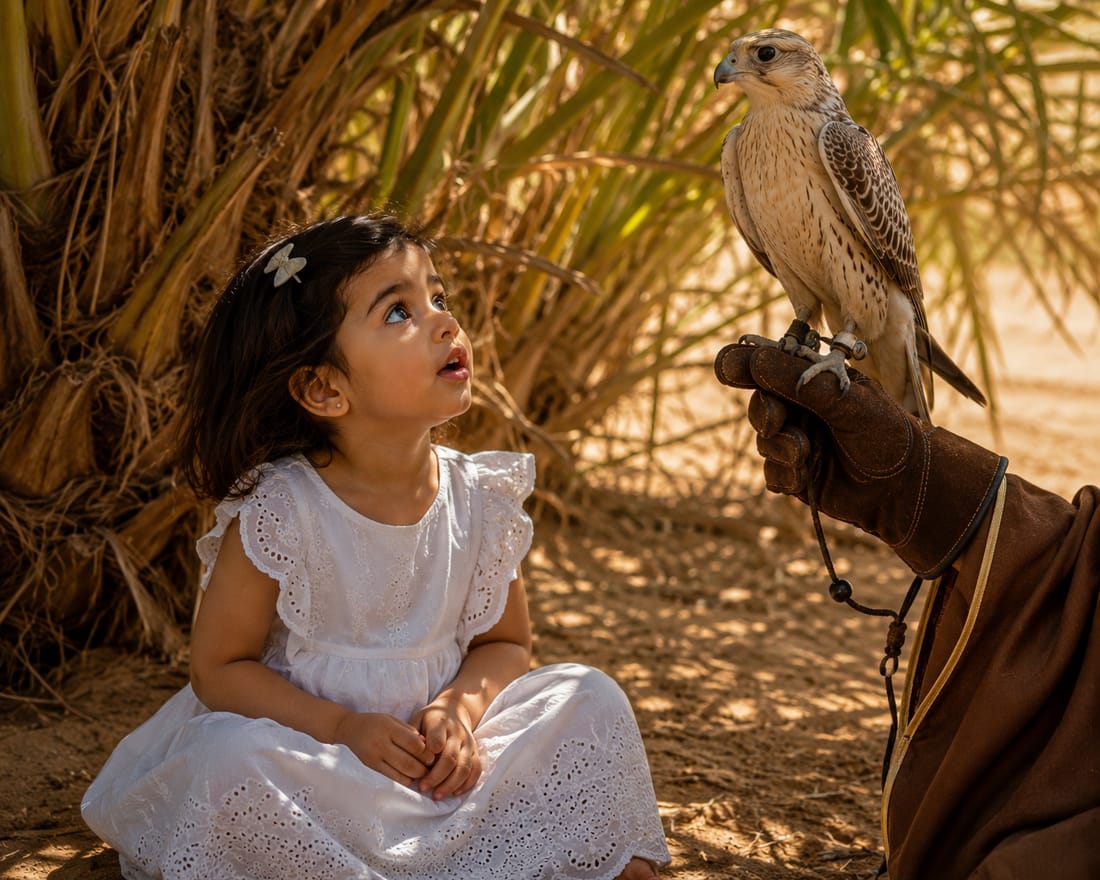 A young girl meeting a falcon